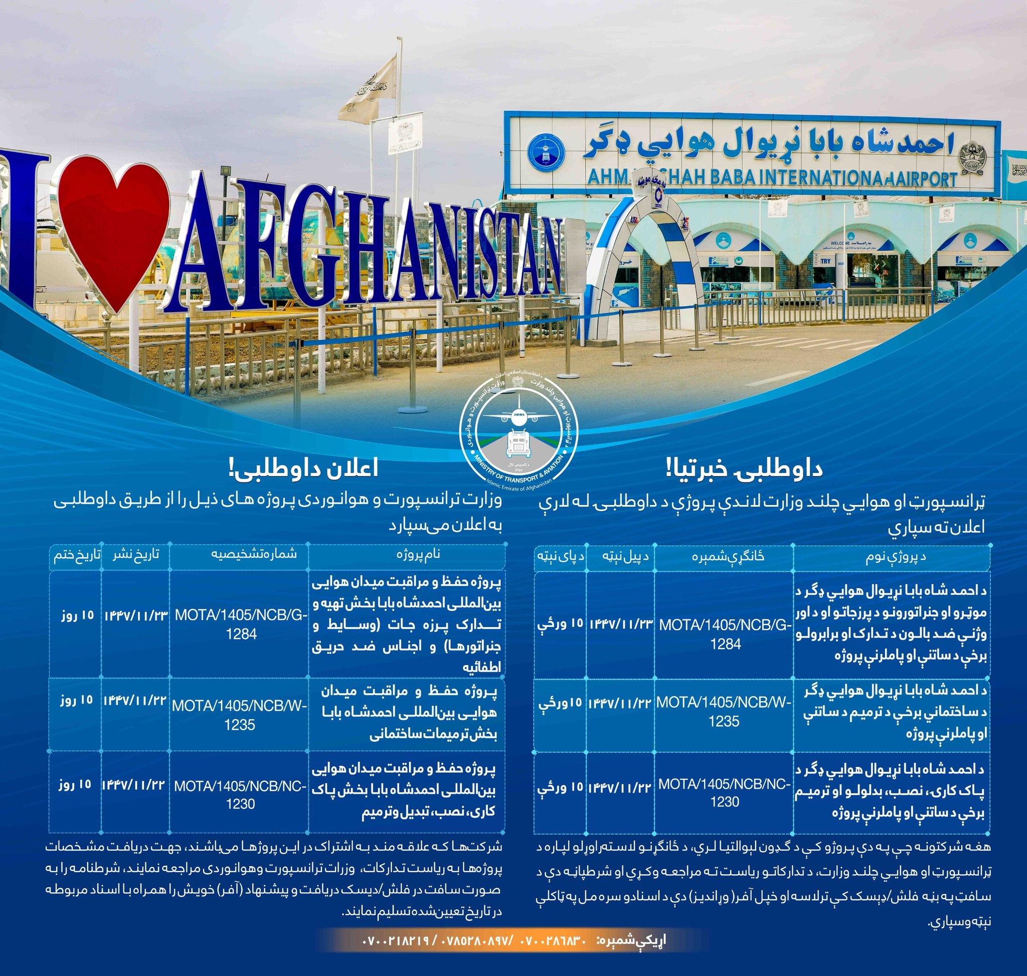 وزارت ترانسپورت و هوانوردی پروژه های ذیل را از طریق داوطلبی به اعلان می سپارد