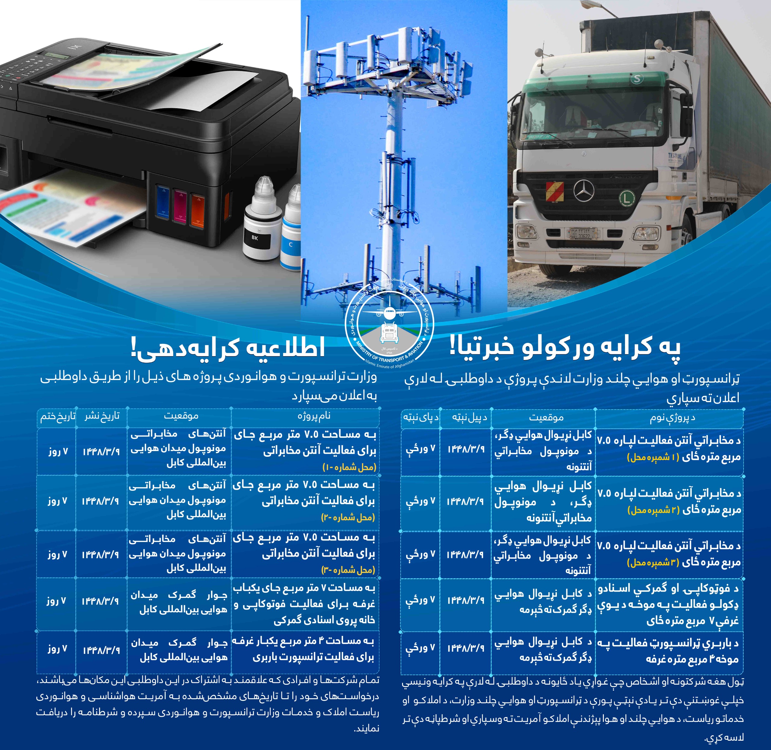 وزارت ترانسپورت و هوانوردی پروژه های ذیل را از طریق داوطلبی به اعلان می سپارد